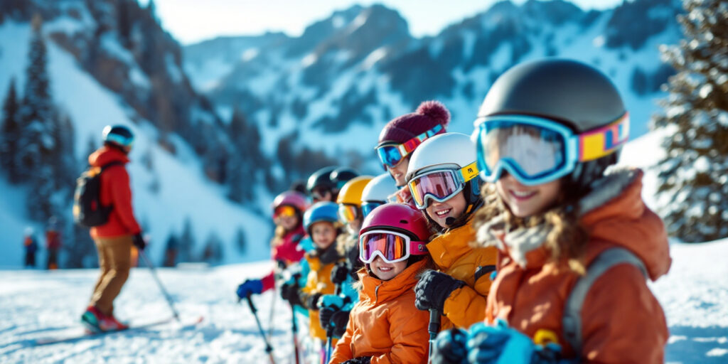 Vacanță de ski cu copiii la munte: copii pregătit de pârtie.