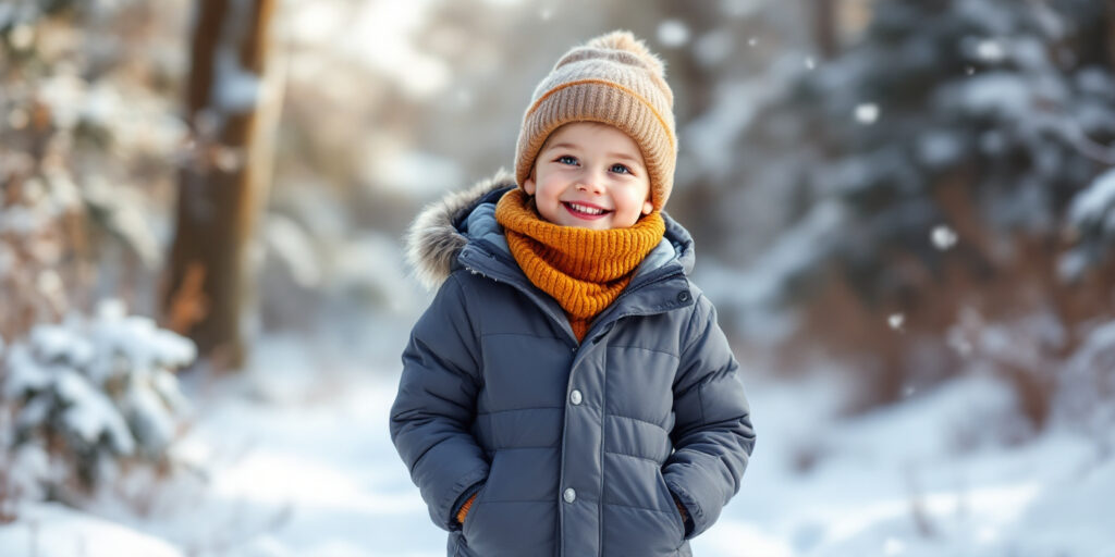 Copil îmbrăcat corespunzător pentru activități în aer liber pentru copii iarna, purtând geacă groasă, căciulă și fular, afară în zăpadă.