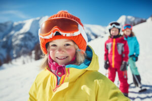Copil, în vacanța de iarna la ski.